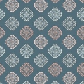 Mandala Pattern in Blue Brown and Beige on Solid Blue Background