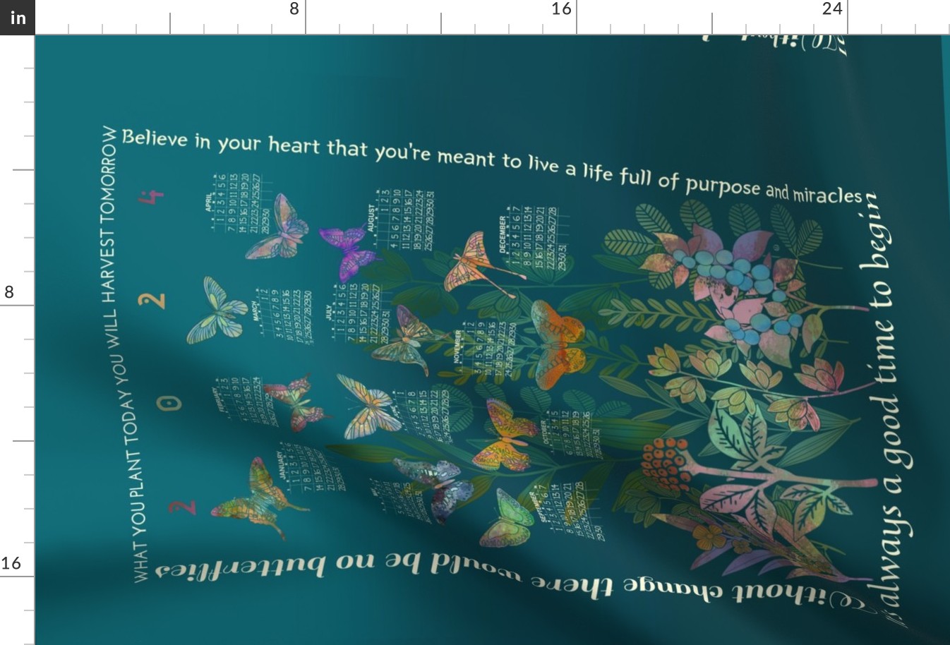 2024 Calendar Butterfly Garden Tea Towel Wall Hanging 