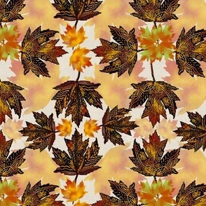 Hand drawn doodled maple leaves on linen In browns, blacks and buff small