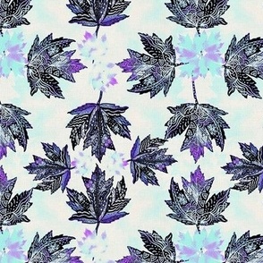 Hand drawn doodled maple leaves on linen Ghostlike skeleton leaves in blues and blacks small