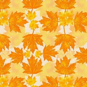 Hand drawn doodled maple leaves on linen In orange and yellow on cream background small
