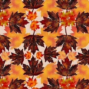 Hand drawn doodled maple leaves on linen In orange hues and red small fall autumn