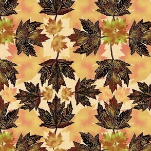 Hand drawn doodled maple leaves on linen Fall auutmn hues in cream small