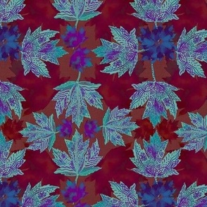 Hand drawn doodled maple leaves on linen claret and cornflower hues small non