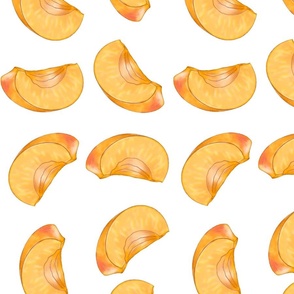 Peach slices on white background