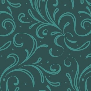 Elegant floral pattern with rococo swirls in emerald color