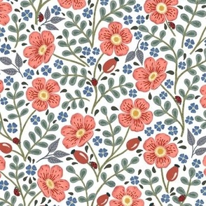 Flowers and hidden ladybirds red and blue white background M scale