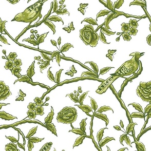 Chinoiserie Asian birds - Victorian wallpaper olive green