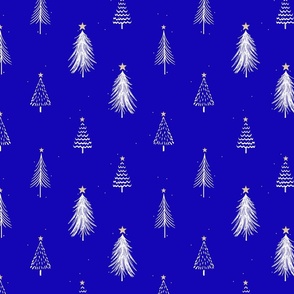 Festive Sketches of White Christmas Trees with Snow and Gold Stars on Royal Blue