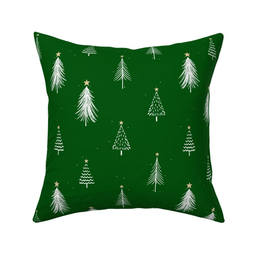 Festive Sketches of White Christmas Trees with Snow and Gold Stars on  Forest Green