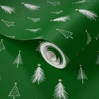 Festive Sketches of White Christmas Trees with Snow and Gold Stars on  Forest Green
