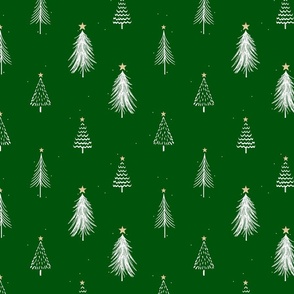 Festive Sketches of White Christmas Trees with Snow and Gold Stars on  Forest Green