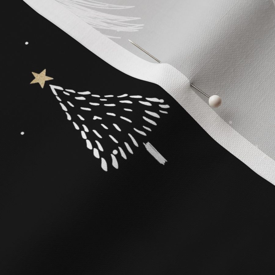 Festive Sketches of White Christmas Trees with Snow and Gold Stars on  Night Black