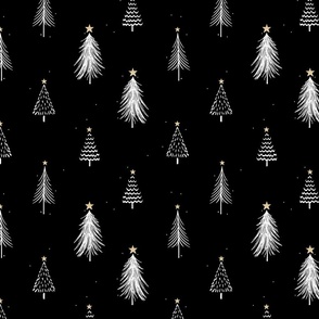 Festive Sketches of White Christmas Trees with Snow and Gold Stars on  Night Black