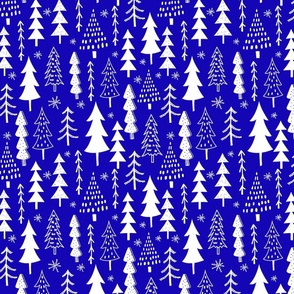 Festive Doodles of White Christmas Trees with Snow  on Royal Blue