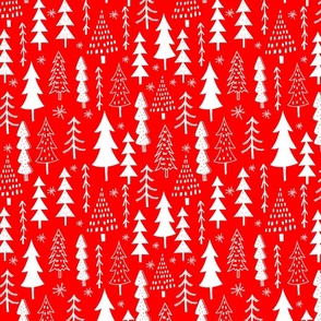 Festive Doodles of White Christmas Trees with Snow  on Christmas Velvet Red