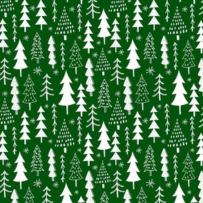 Festive Doodles of White Christmas Trees with Snow  on Forest Green