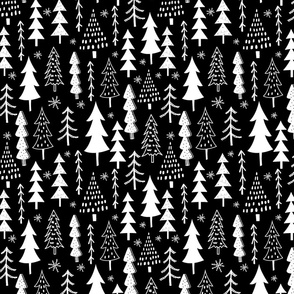 Festive Doodles of White Christmas Trees with Snow  on Night Black