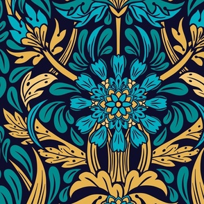 victorian floral in peacock and gold- jumbo scale