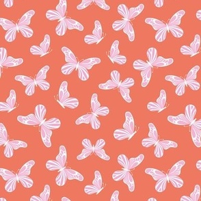 Retro style butterfly - spring summer garden in pink white on orange