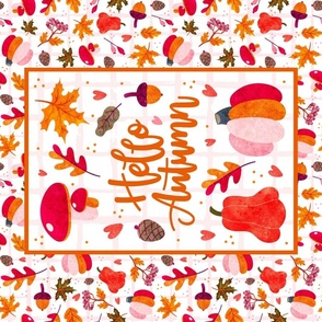 Large 27x18 Fat Quarter Panel Hello Autumn Fall Leaves Pumpkins Acorns Gourds Berries for Tea Towel or Wall Hanging