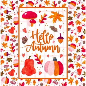 14x18 Panel Hello Autumn Fall Leaves Pumpkins Acorns Gourds Berries for DIY Garden Flag Small Towel or Wall Hanging