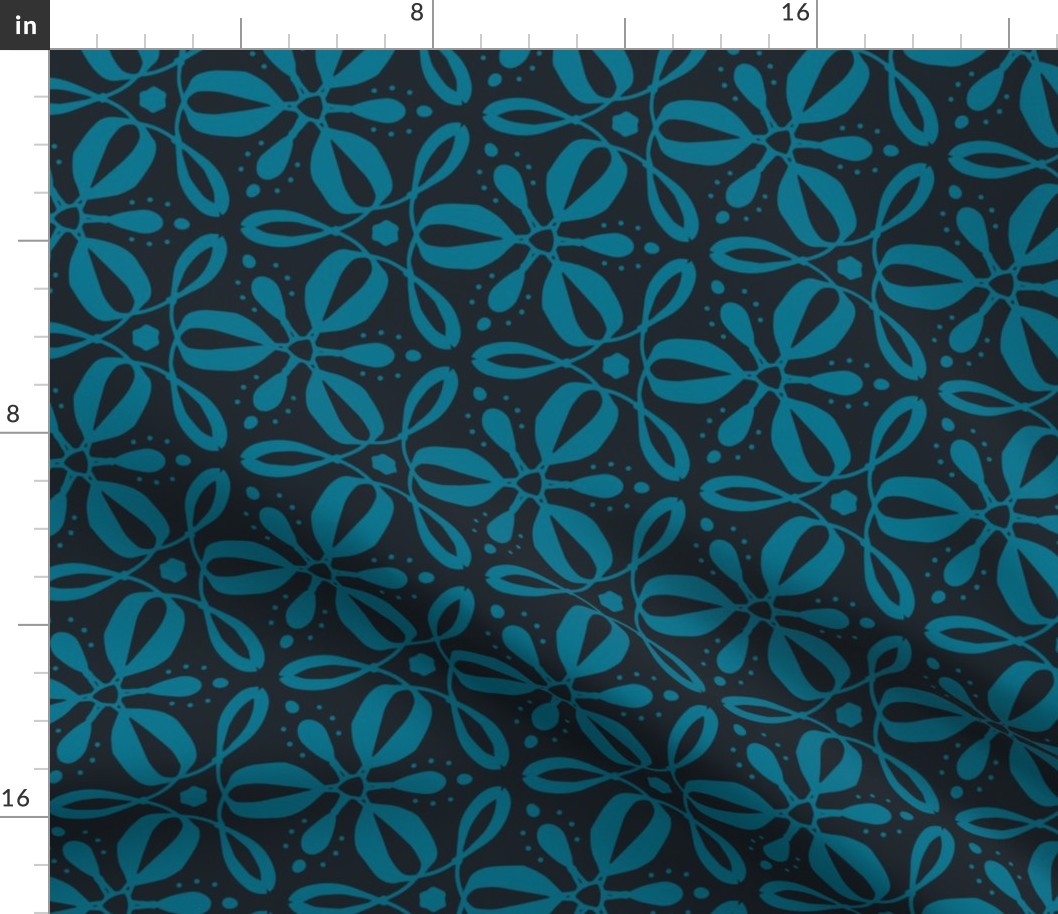 Fleurs Tournantes - Floral Geometric Midnight Blue and Teal Large Scale