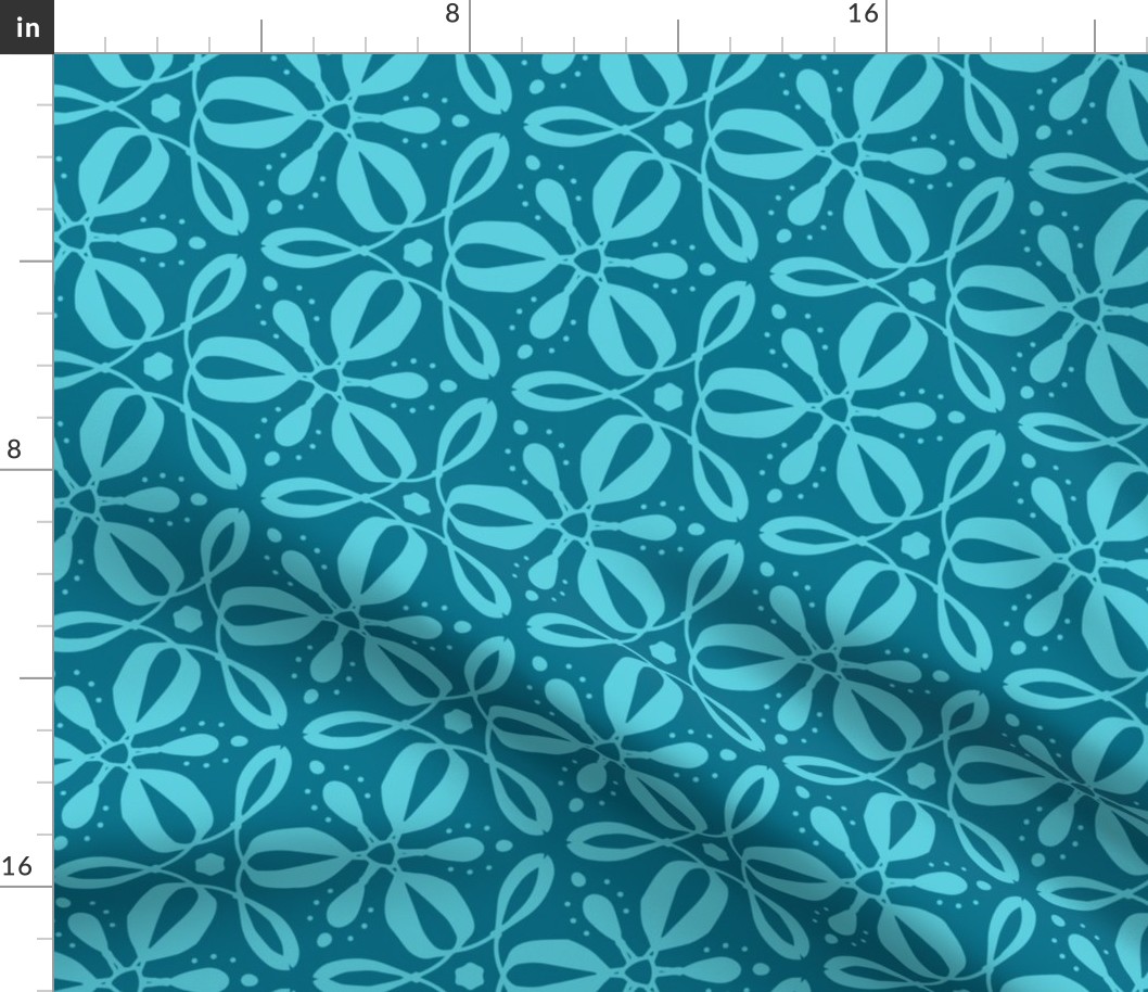 Fleurs Tournantes - Floral Geometric Teal and Aqua Large Scale