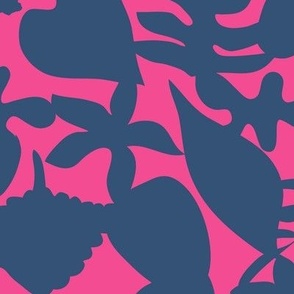 Tossed Silhouetted  Navy Leaves on Bright Pink Background Abstract Botanical Non Directional