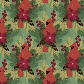 Christmas Cardinals on Muted Green - Large Scale