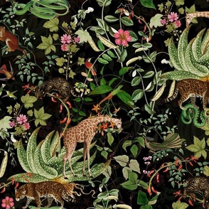 Vintage Wild Animal Paradise in the Nostalgic Tropical Flower Greenery Jungle - Leopards Giraffes Monkeys Birds - night black double layer