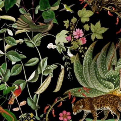 Vintage Wild Animal Paradise in the Nostalgic Tropical Flower Greenery Jungle - Leopards Giraffes Monkeys Birds - night black