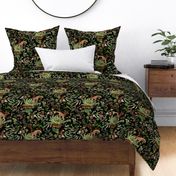 Vintage Wild Animal Paradise in the Nostalgic Tropical Flower Greenery Jungle - Leopards Giraffes Monkeys Birds - night black