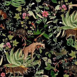 Vintage Wild Animal Paradise in the Nostalgic Tropical Flower Greenery Jungle - Leopards Giraffes Monkeys Birds - night black