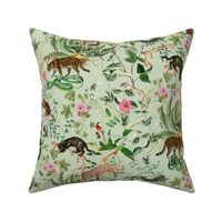 Vintage Wild Animal Paradise in the Nostalgic Tropical Flower Greenery Jungle - Leopards Giraffes Monkeys Birds - light green