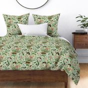 Vintage Wild Animal Paradise in the Nostalgic Tropical Flower Greenery Jungle - Leopards Giraffes Monkeys Birds - light green