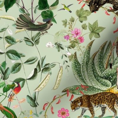 Vintage Wild Animal Paradise in the Nostalgic Tropical Flower Greenery Jungle - Leopards Giraffes Monkeys Birds - light green