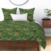 Vintage Wild Animal Paradise in the Nostalgic Tropical Flower Greenery Jungle - Leopards Giraffes Monkeys Birds - green