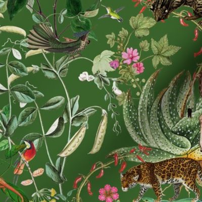 Vintage Wild Animal Paradise in the Nostalgic Tropical Flower Greenery Jungle - Leopards Giraffes Monkeys Birds - green