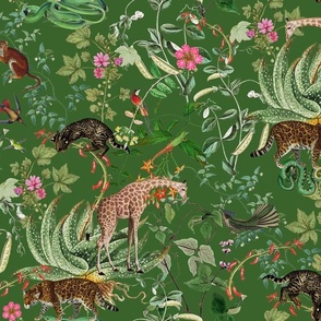 Vintage Wild Animal Paradise in the Nostalgic Tropical Flower Greenery Jungle - Leopards Giraffes Monkeys Birds - green