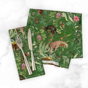 Vintage Wild Animal Paradise in the Nostalgic Tropical Flower Greenery Jungle - Leopards Giraffes Monkeys Birds - green double layer