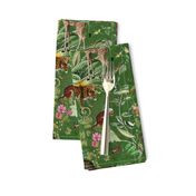 Vintage Wild Animal Paradise in the Nostalgic Tropical Flower Greenery Jungle - Leopards Giraffes Monkeys Birds - green double layer