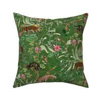 Vintage Wild Animal Paradise in the Nostalgic Tropical Flower Greenery Jungle - Leopards Giraffes Monkeys Birds - green double layer