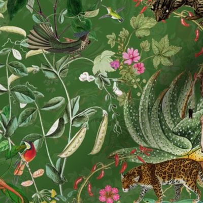 Vintage Wild Animal Paradise in the Nostalgic Tropical Flower Greenery Jungle - Leopards Giraffes Monkeys Birds - green double layer