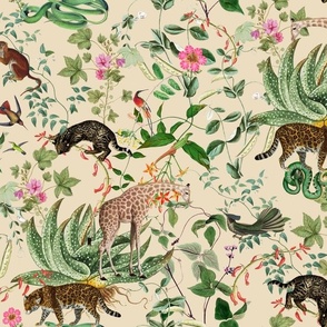 Vintage Wild Animal Paradise in the Nostalgic Tropical Flower Greenery Jungle - Leopards Giraffes Monkeys Birds - beige parchment