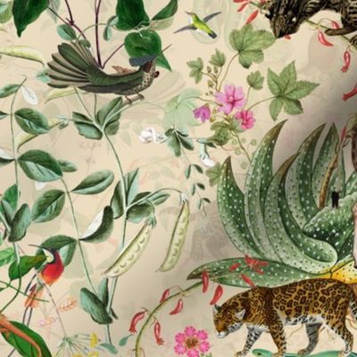 Vintage Wild Animal Paradise in the Nostalgic Tropical Flower Greenery Jungle - Leopards Giraffes Monkeys Birds - beige parchment double layer