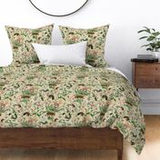 Vintage Wild Animal Paradise in the Nostalgic Tropical Flower Greenery Jungle - Leopards Giraffes Monkeys Birds - beige parchment double layer