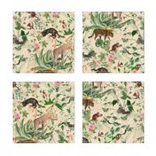 Vintage Wild Animal Paradise in the Nostalgic Tropical Flower Greenery Jungle - Leopards Giraffes Monkeys Birds - beige parchment double layer