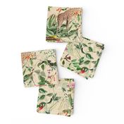 Vintage Wild Animal Paradise in the Nostalgic Tropical Flower Greenery Jungle - Leopards Giraffes Monkeys Birds - beige parchment double layer