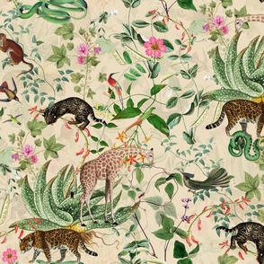 Vintage Wild Animal Paradise in the Nostalgic Tropical Flower Greenery Jungle - Leopards Giraffes Monkeys Birds - beige parchment double layer